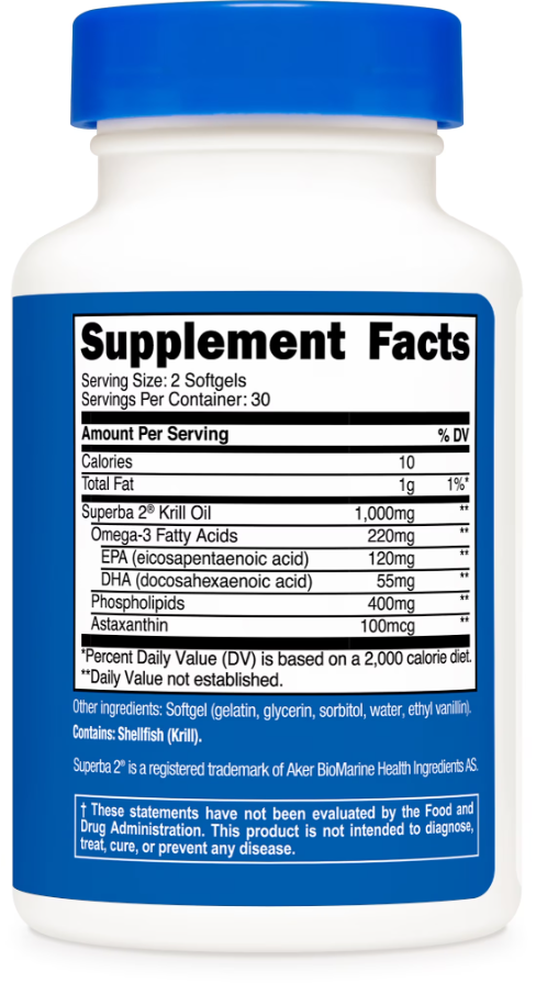 Supplement facts label of krill oil showing EPA, DHA, and antioxidant content