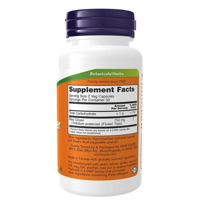 "Side view of NOW Foods Red Clover capsules – clean ingredients and allergen free"
