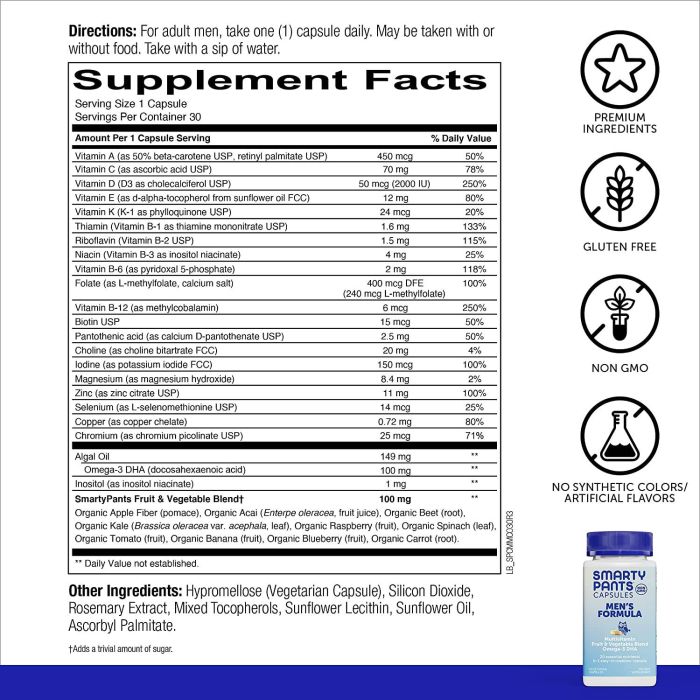 Smarty Pants Men's Formula Multivitamin Non Gmo 30 Veggie Capsules