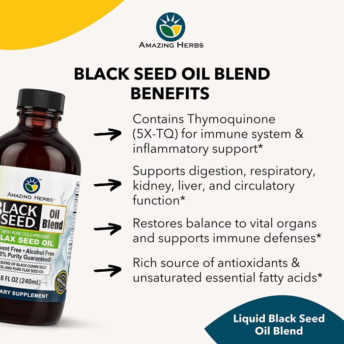 "Supplement facts label – 2500 mg each of black seed and flaxseed oil per serving"