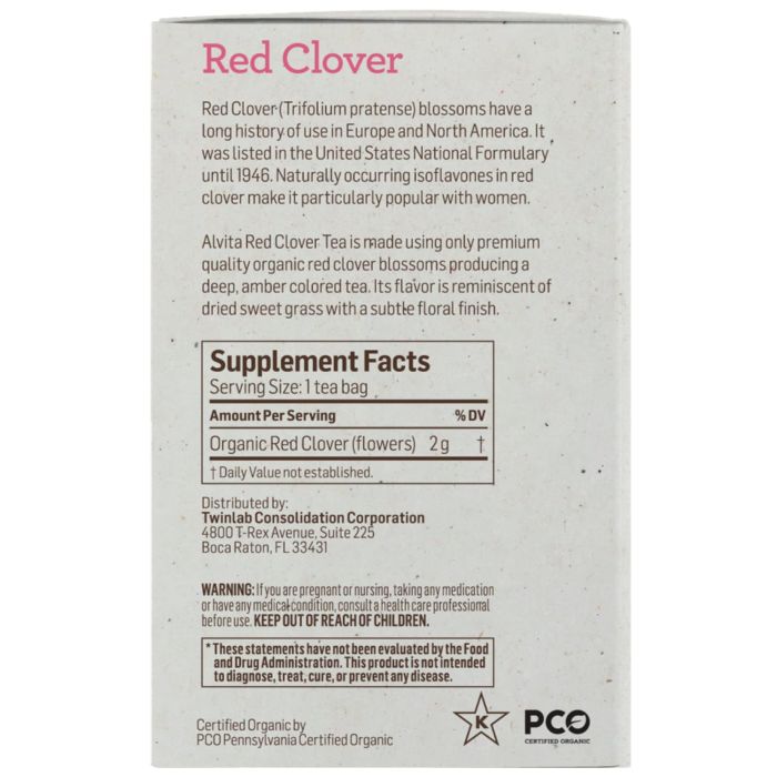 "Supplement facts label for Alvita Red Clover Tea – 2g red clover per tea bag"