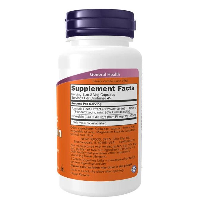 "Supplement facts label of NOW Turmeric Bromelain – curcumin and enzyme support"
