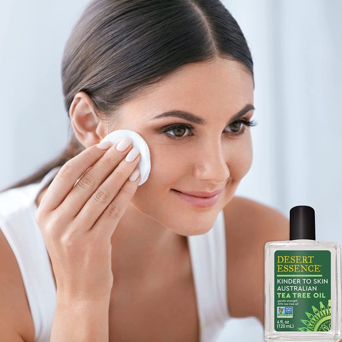 "Back label of Desert Essence Tea Tree Oil 4 oz – usage instructions and ingredient list visible"

