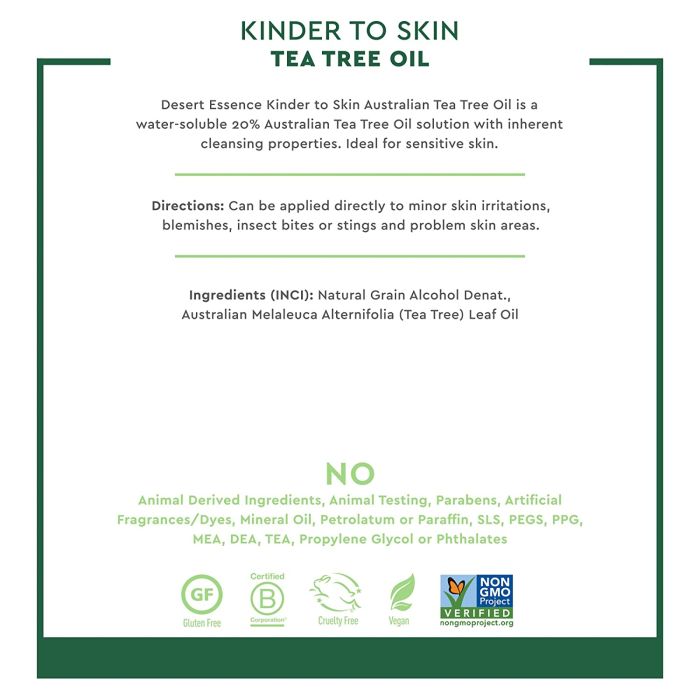 "Front label of Desert Essence Kinder to Skin Tea Tree Oil – vegan, cruelty-free, paraben-free skincare"

