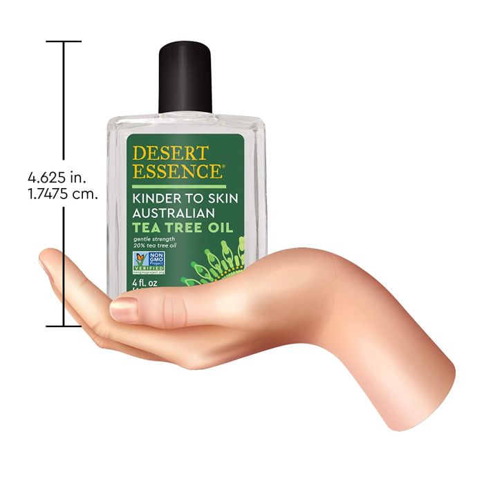 "Desert Essence Kinder to Skin Australian Tea Tree Oil 4 oz bottle – gentle 20% tea tree oil solution for sensitive skin"

