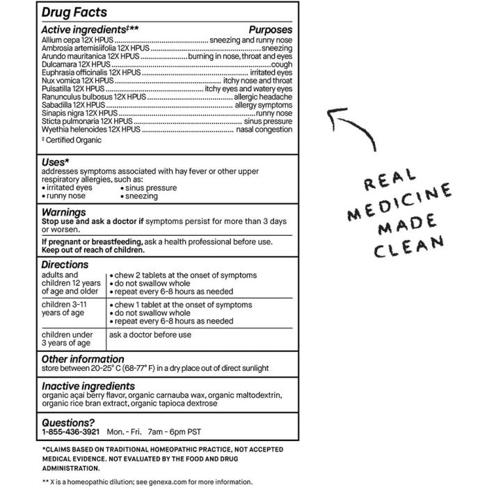 "Genexa Allergy Care chewable tablets – 60 count bottle with acai berry flavor"