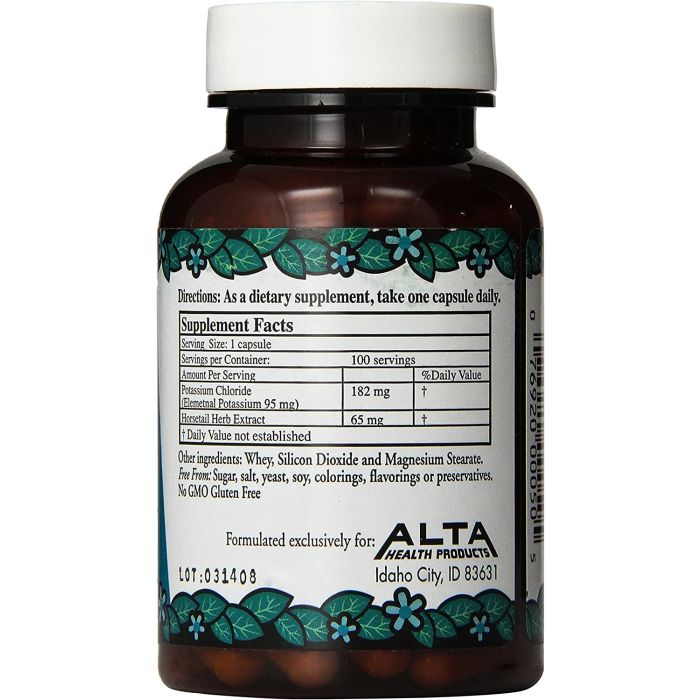Ingredients panel of Alta Health Potassium Chloride Plus Silica Capsules