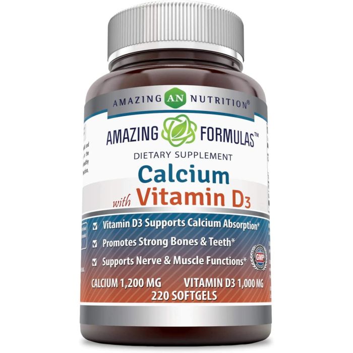Non-GMO and gluten-free calcium supplement with vitamin D3, 220 count softgels