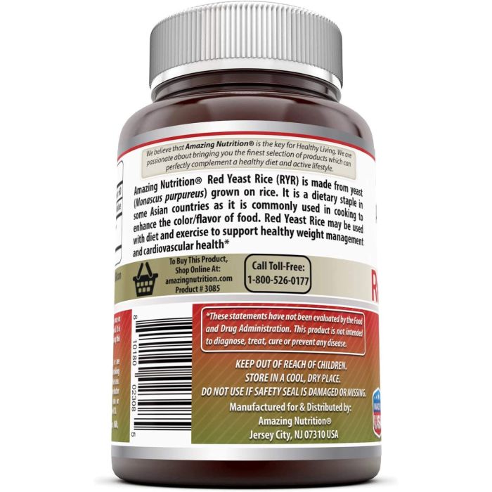 Red Yeast Rice supplement – promotes cardiovascular wellness, 120 capsules by Amazing Formulas.