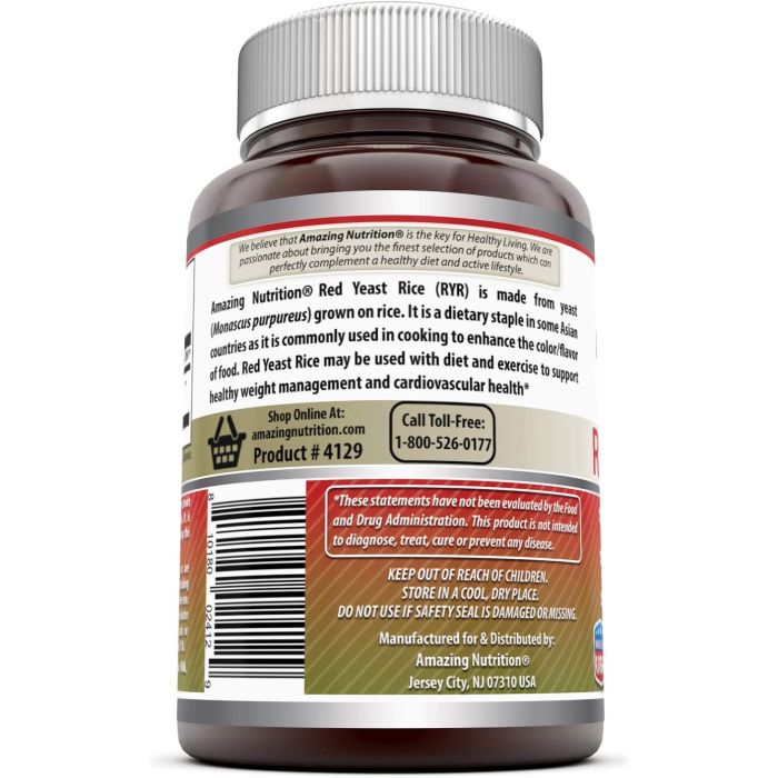 Supplement Facts for Amazing Formulas Red Yeast Rice 1200mg – natural cholesterol support supplement.