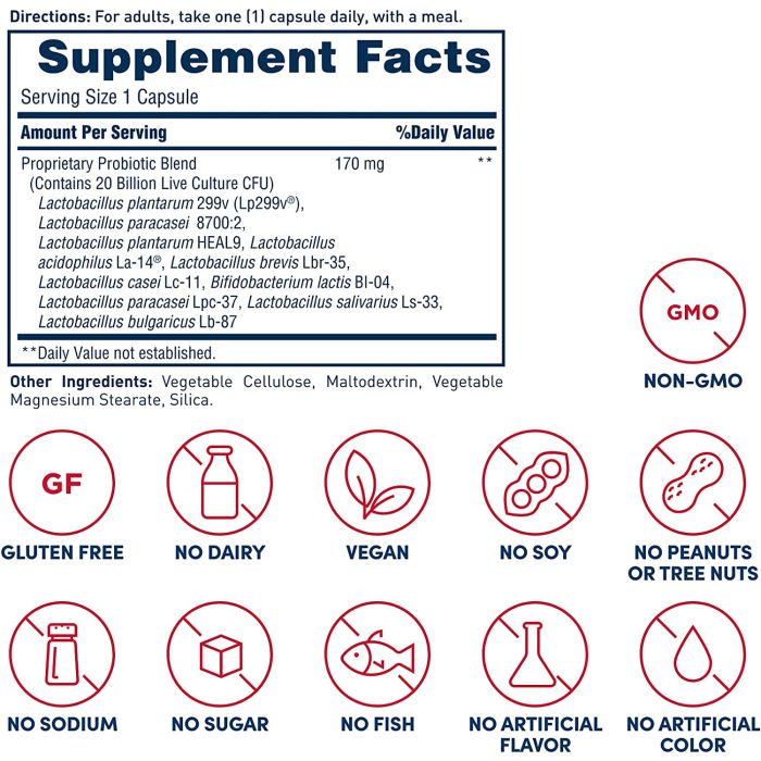 Supplement Facts label showing 20 billion CFU per serving