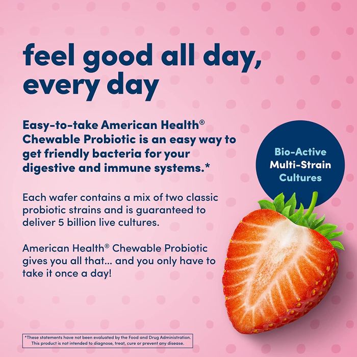 American Health Chewable Probiotic – strawberry flavor, supports gut and immune health