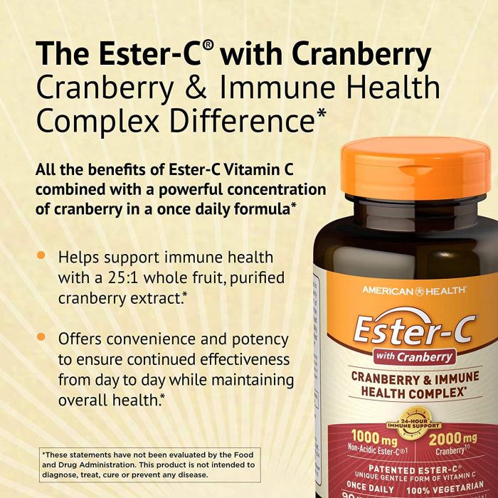 Supplement Facts panel of Ester-C with cranberry showing ingredients and daily values