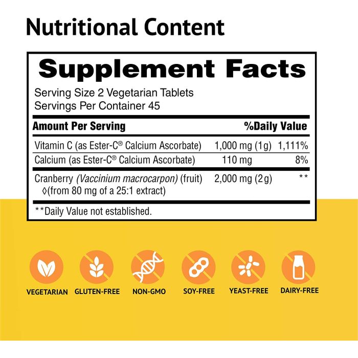 Front label of Ester-C 1000 mg vitamin C supplement with cranberry for immune support