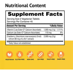 Front label of Ester-C 1000 mg vitamin C supplement with cranberry for immune support