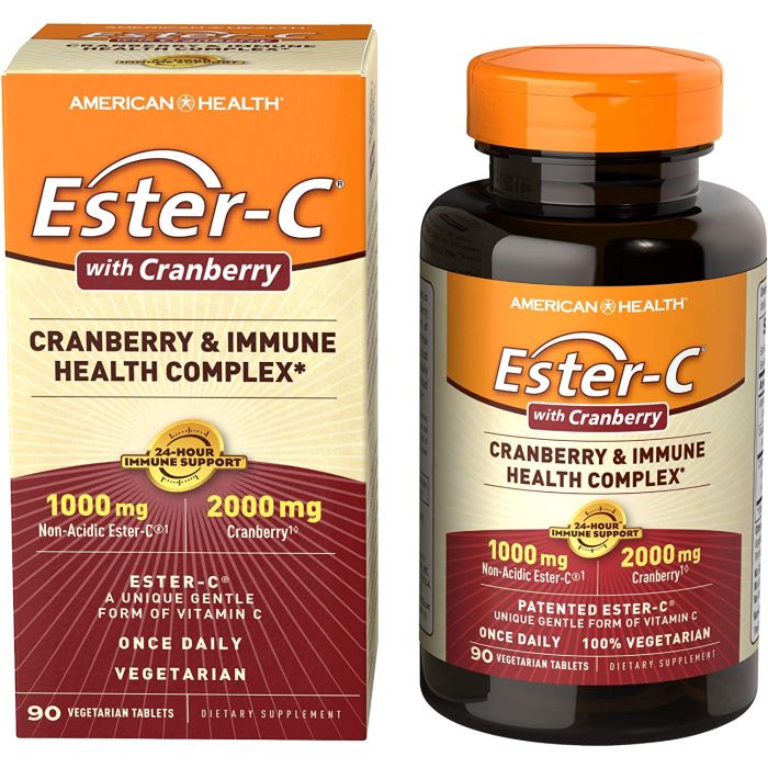 Non-GMO, vegan, gluten-free certifications on Ester-C Cranberry Immune Health Complex