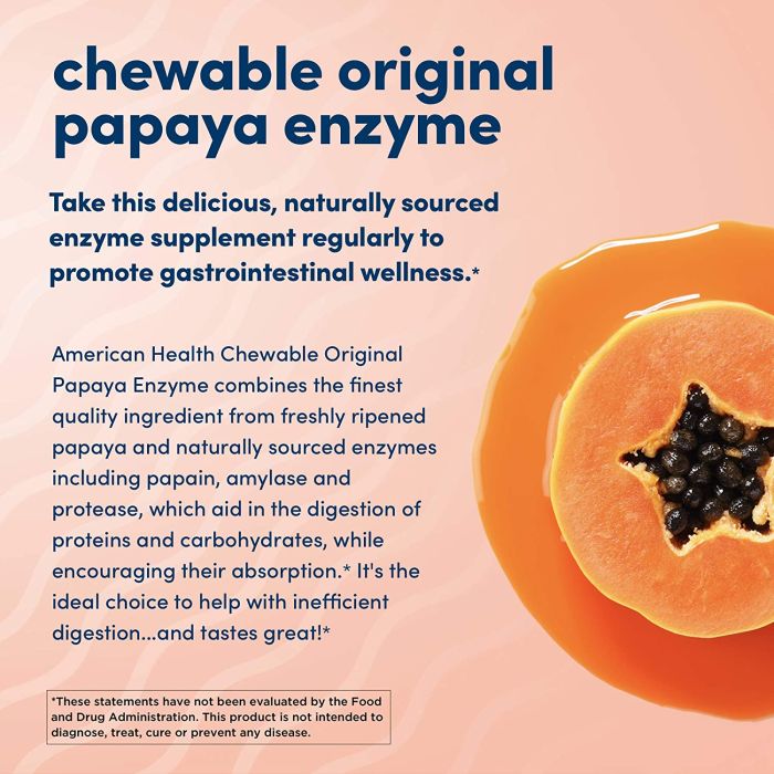 American Health Papaya Enzyme Chewable Tablets bottle – natural digestive enzyme support, 250 tablets
