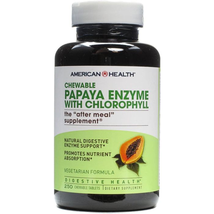 Supplement Facts panel of American Health Papaya Enzyme with detailed enzyme breakdown