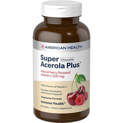 Front view of American Health Super Acerola Plus bottle with vegetarian certification