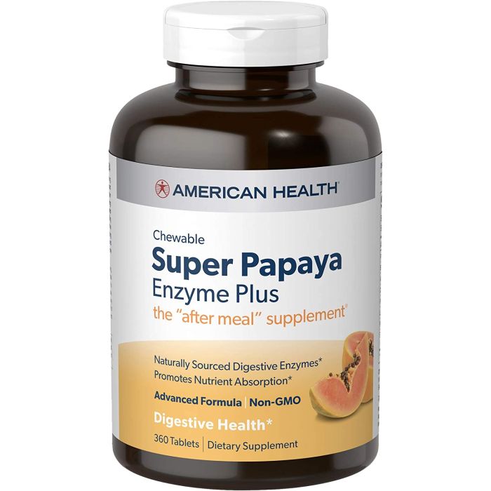 Front label of Super Papaya Enzyme Plus highlighting natural enzyme support