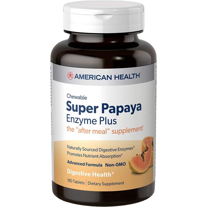 American Health Super Papaya Enzyme Plus bottle with 360 chewable digestive tablets