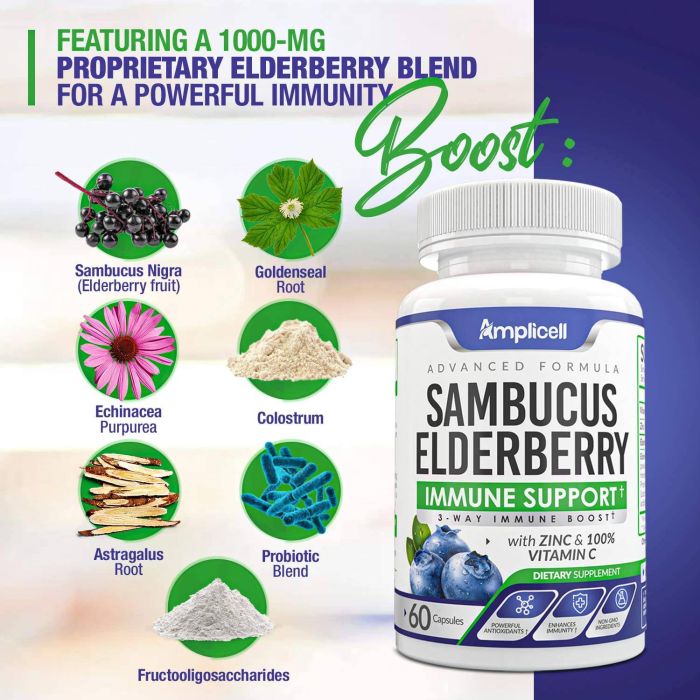 Front view of Amplicell elderberry supplement with vegan and non-GMO icons