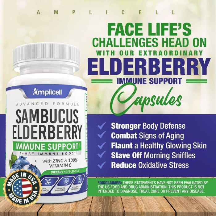 Supplement Facts label showing elderberry, vitamin C, and zinc content