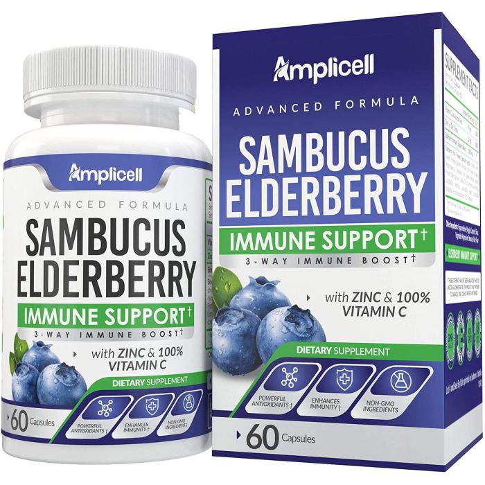 Amplicell elderberry supplement bottle on white background – 60 vegan capsules