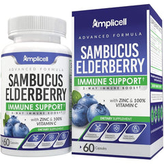 Amplicell elderberry supplement bottle on white background – 60 vegan capsules