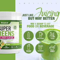 Scoop of Super Greens powder ready to mix with water or smoothie