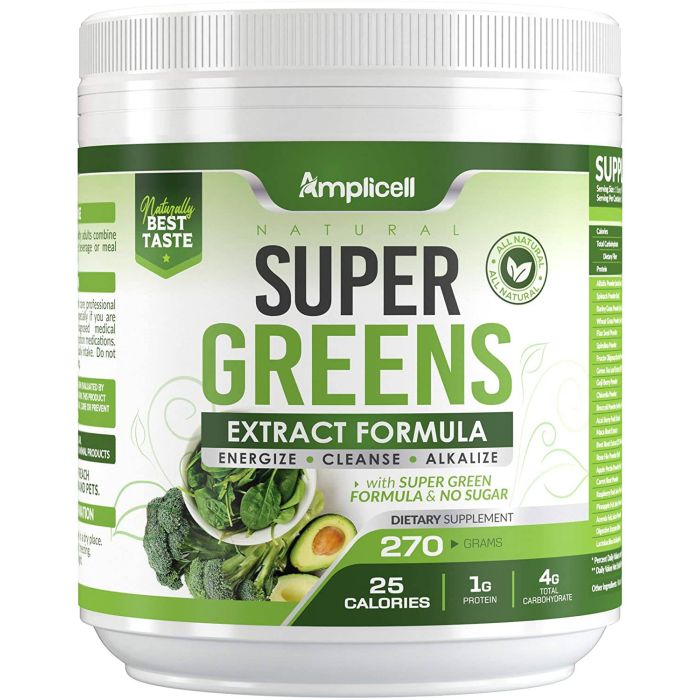 Amplicell greens supplement label showing Supplement Facts panel
