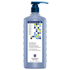Front label of age-defying shampoo with argan oil and aloe vera