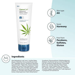 CannaCell lotion bottle next to hemp leaf and clean skincare background