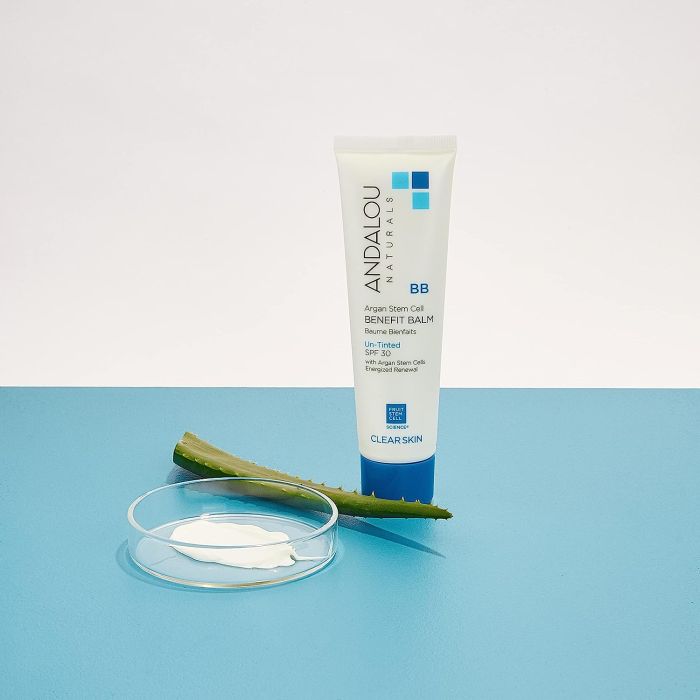 Andalou Naturals Clear Skin BB Balm SPF 30 front label – 2 fl oz tube for acne-prone skin