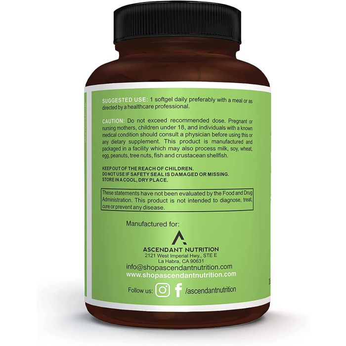 Front view of Ascendant Vegan Hemp Oil with non-GMO and gluten-free icons