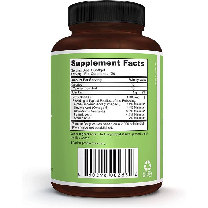 Supplement facts label showing 1000 mg hemp seed oil per serving