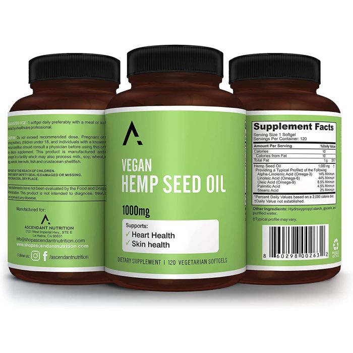 Ascendant Hemp Seed Oil bottle – 120 vegan softgels for heart and skin health