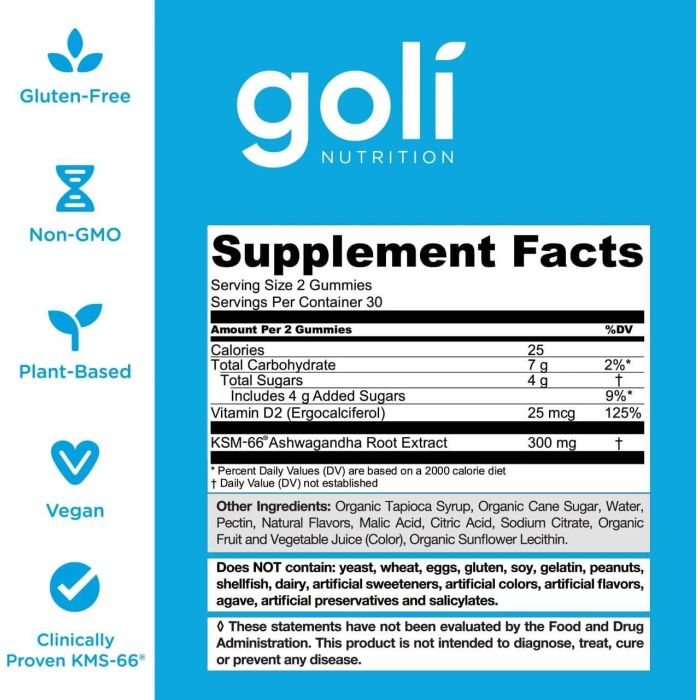 Goli Ashwagandha Gummies – Natural adaptogen supplement, made in the USA, for improved mood and focus.