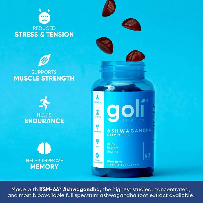 Goli Ashwagandha Gummies – Vegan, non-GMO, and gluten-free for daily wellness and relaxation.
