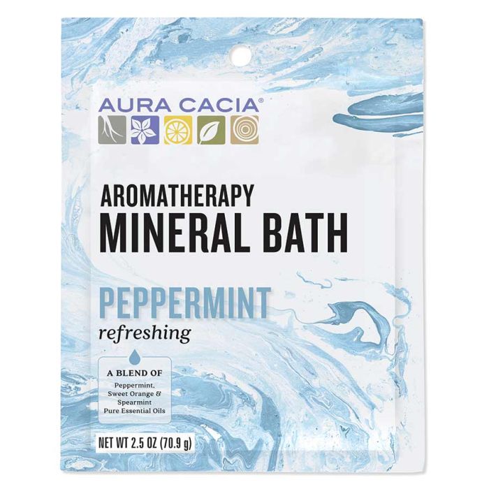 Ingredients and certifications label on Aura Cacia Aromatherapy Mineral Bath packet