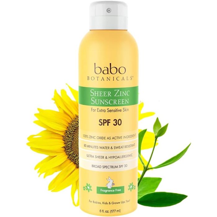 Babo Botanicals Sheer Zinc Spray showing lightweight, sheer sun protection for sensitive skin