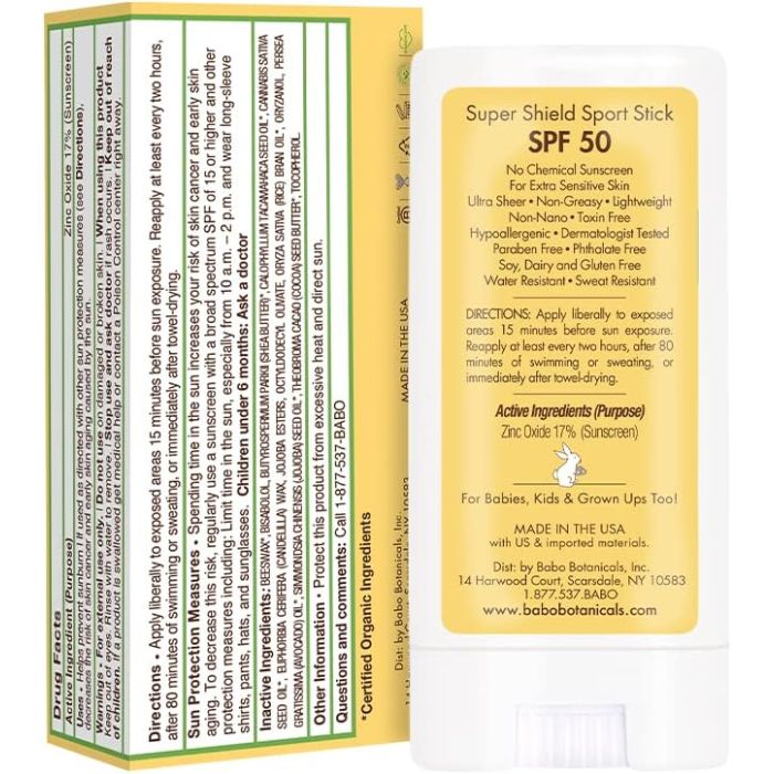 Close-up of ingredient label for Babo Botanicals Super Shield Mineral Sport Stick