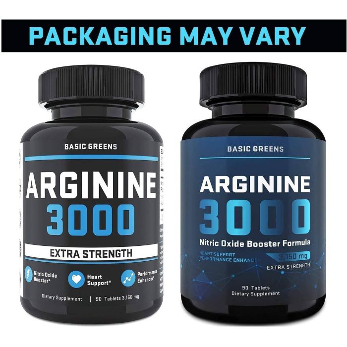 Supplement facts for Basic Greens L-Arginine – 3000 mg L-Arginine, 1000 mg Citrulline, and 60 mg Vitamin C per serving.
