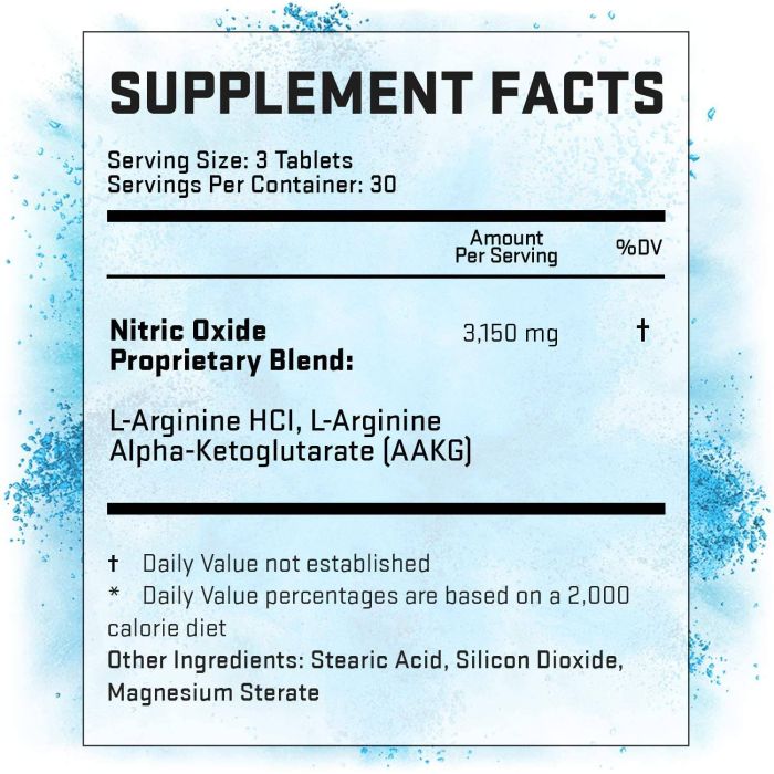 L-Arginine 3000 Nitric Oxide Booster label – contains L-Arginine, Citrulline, and Green Tea Extract for enhanced workout performance.