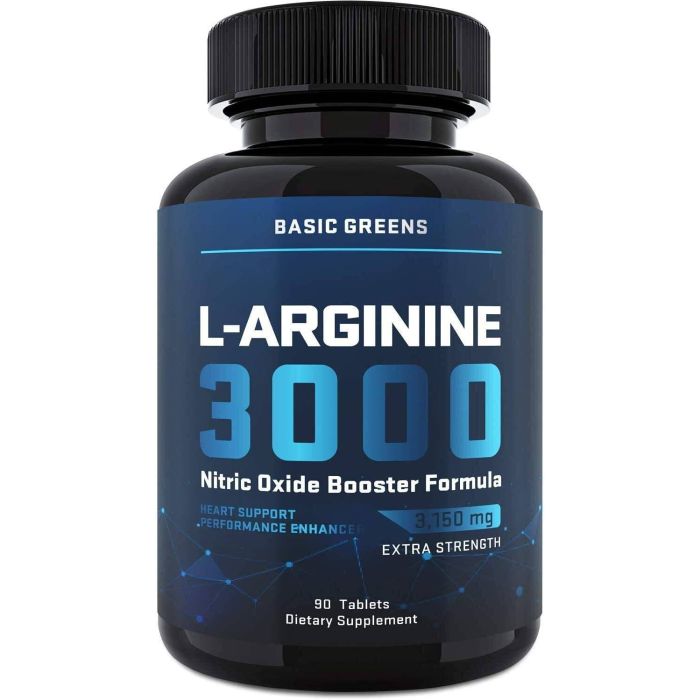 Basic Greens L-Arginine 3000 Nitric Oxide Booster – improves circulation, endurance, and muscle pumps, 90 tablets.