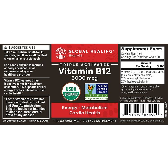 Vitamin B12 1 Oz Organic Vegan Formula Global Healing Energy Boost