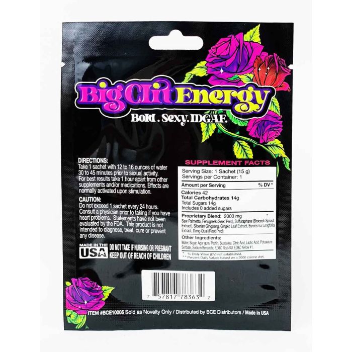 Big Clit Energy Female Enhancement Honey Sachet front packet on white background.