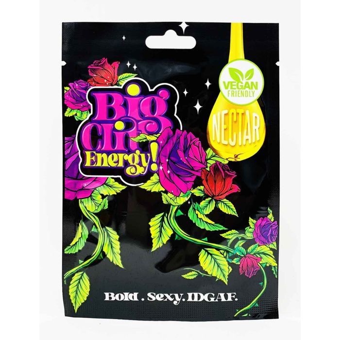 Back label of Big Clit Energy Honey Sachet with supplement facts and ingredients.