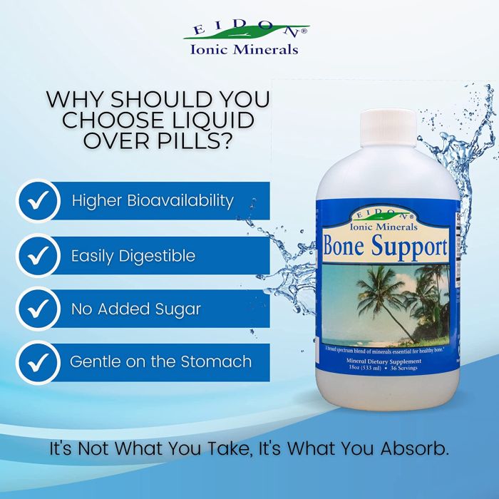 "Open bottle of Eidon Bone Support – liquid mineral formula for bone strength and flexibility"