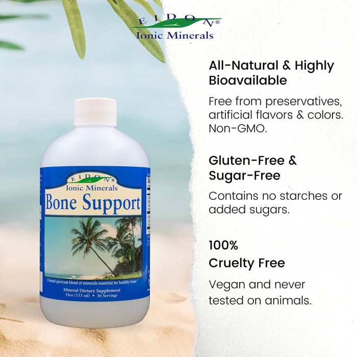 "Open bottle of Eidon Bone Support – liquid mineral formula for bone strength and flexibility"